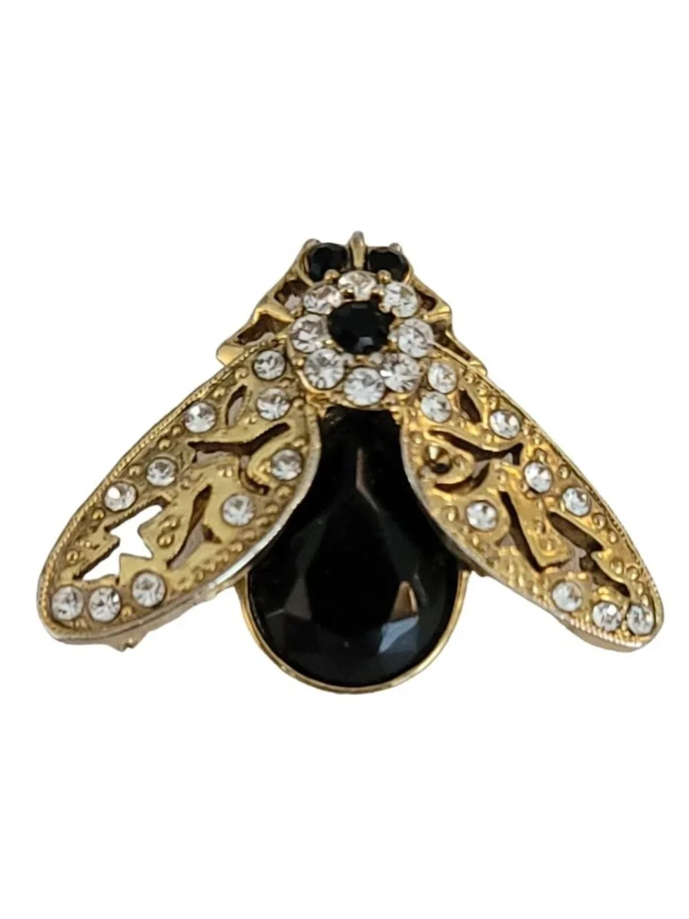 1928 Brand Gold Tone Black Clear Glass Rhinestone Bug Brooch Pin, K345